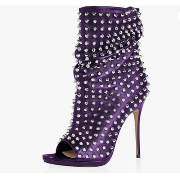 XYD Women Peep Toe High Heels Ankle Boots Rivet Booties Shoes , Purple Boots - Picture 1 of 8